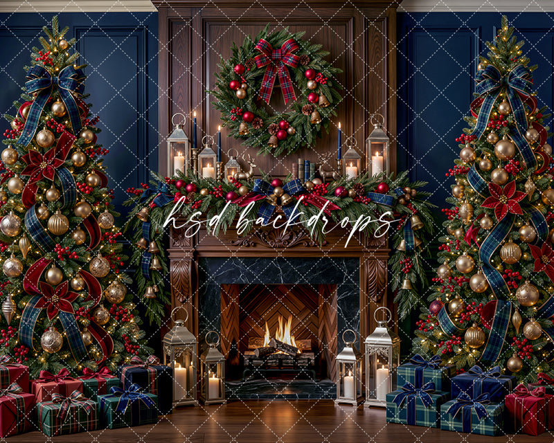 Navy Tartan Christmas Fireplace Photography Backdrop – Elegant Holiday Hearth | HSD Backdrops