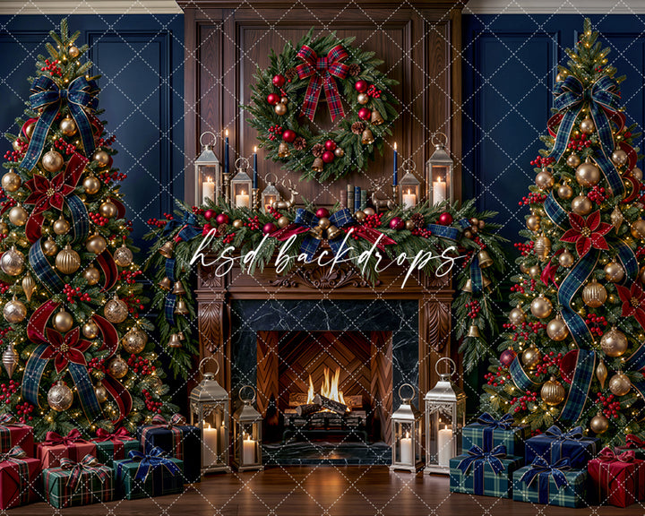 Navy Tartan Christmas Fireplace Photography Backdrop – Elegant Holiday Hearth | HSD Backdrops