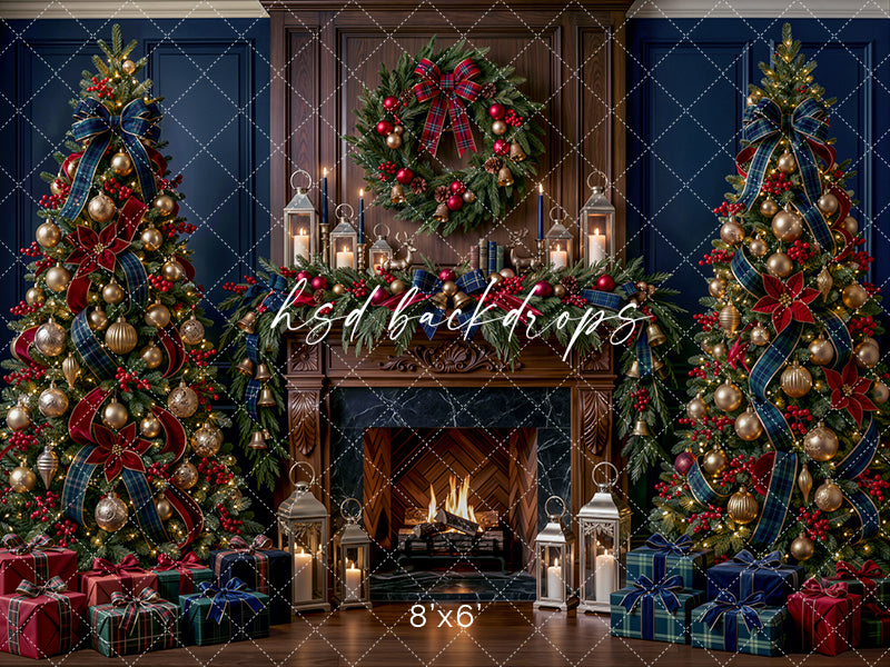 Navy Tartan Christmas Fireplace Photography Backdrop – Elegant Holiday Hearth | HSD Backdrops