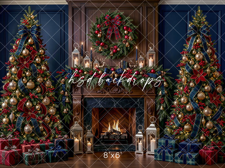 Navy Tartan Christmas Fireplace Photography Backdrop – Elegant Holiday Hearth | HSD Backdrops