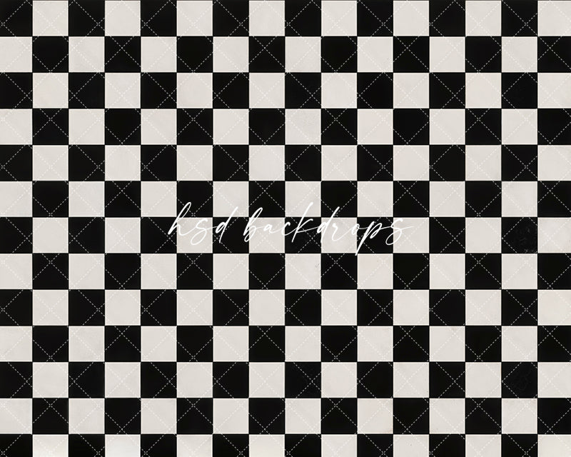 Black and white retro checkered tile floor photography floor mat for vintage, diner, and themed photo sessions.