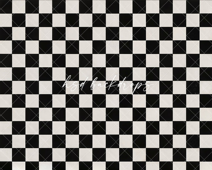 Black and white retro checkered tile floor photography floor mat for vintage, diner, and themed photo sessions.