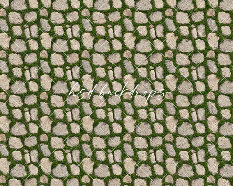 Rustic cobblestone garden path photography floor mat with moss and natural stone texture for photography