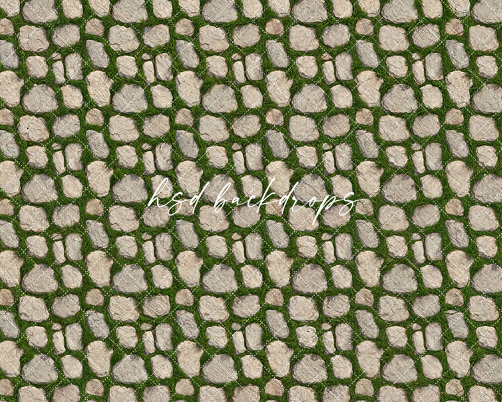 Rustic cobblestone garden path photography floor mat with moss and natural stone texture for photography