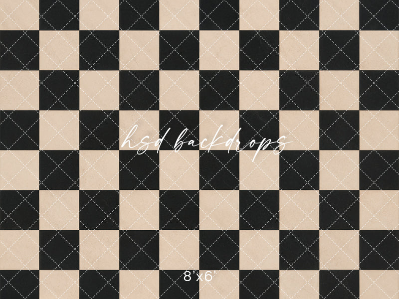 Black Cream Checkerboard photography floor backdrop featuring a classic black and warm cream checkered pattern for portraits, birthdays, cake smash sessions, and styled studio photography.