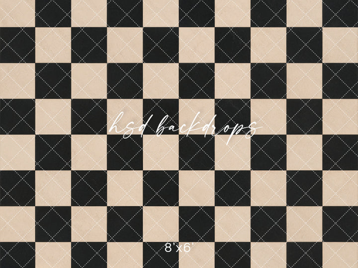 Black Cream Checkerboard photography floor backdrop featuring a classic black and warm cream checkered pattern for portraits, birthdays, cake smash sessions, and styled studio photography.