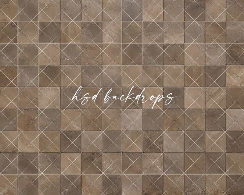 Weathered brown tile photography backdrop featuring aged natural stone squares, earthy brown and beige variations, and realistic textured flooring details.