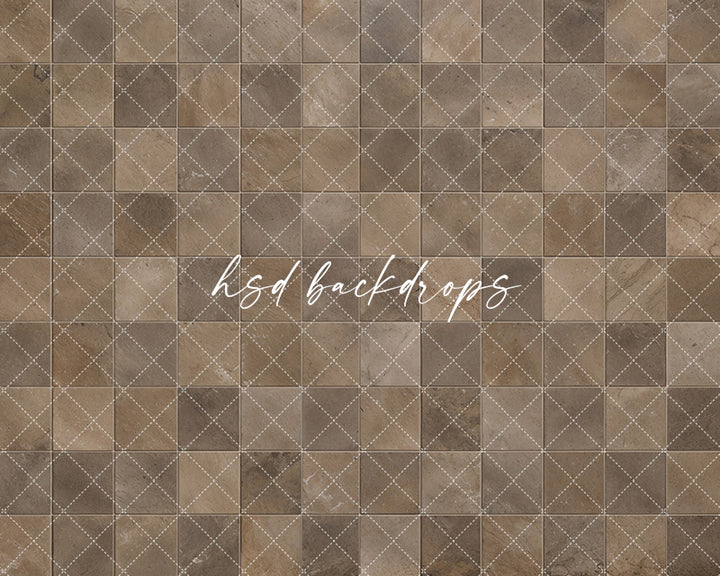 Weathered brown tile photography backdrop featuring aged natural stone squares, earthy brown and beige variations, and realistic textured flooring details.