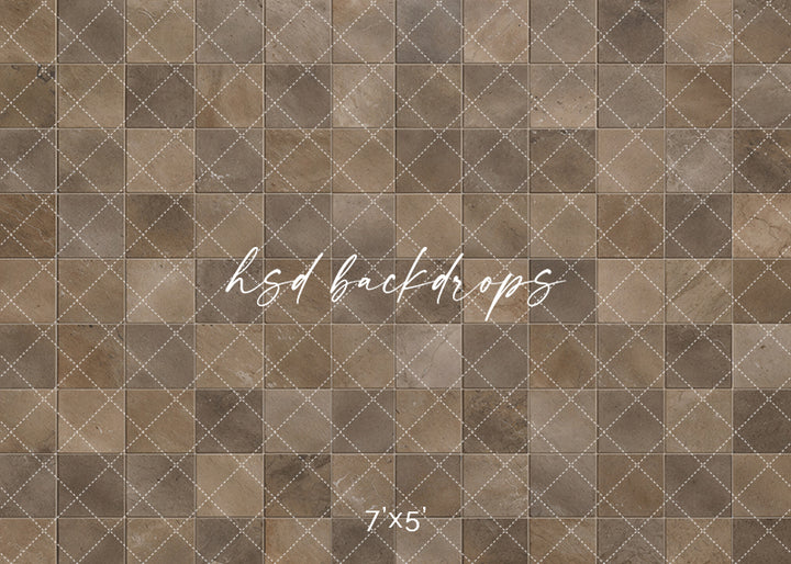 Aged Brown Stone Tile photography floor backdrop featuring realistic square stone tiles in warm brown, earthy taupe, natural beige, and muted gray with subtle veining, weathered textures, and softly defined grout lines for rustic studio portraits.