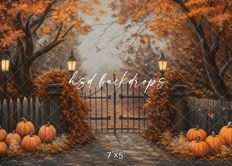 Autumn Backdrop with Fall Trees and Pumpkins for Photography