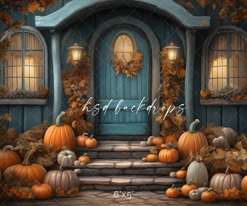 Autumn Porch Photography Backdrop with Pumpkins for Fall Pictures 