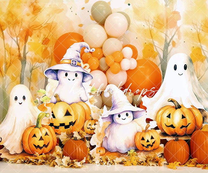 Cute Halloween Photo Backdrop with Pumpkins and Ghosts for Cake Smash