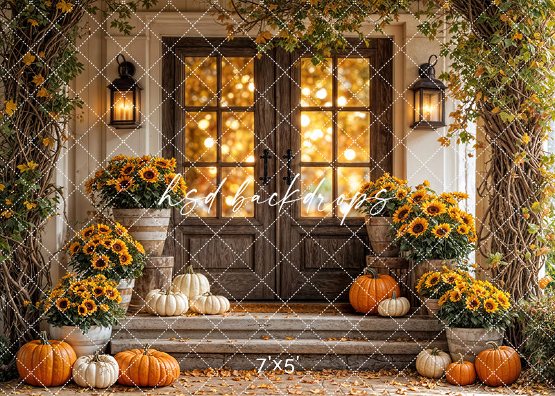 Fall photography backdrop with rustic wooden double doors, glowing porch lights, stacked sunflowers in planters, and a variety of orange and white pumpkins on stone steps.