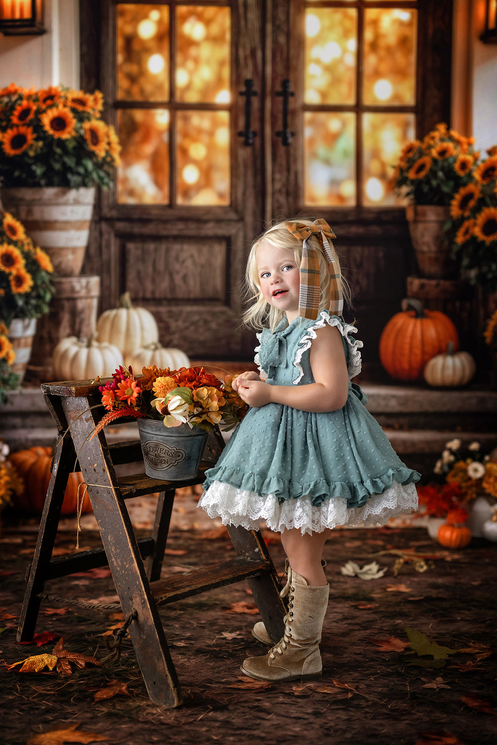 Fall sunflower porch photography backdrop with rustic wooden doors, glowing autumn window light, pumpkins, sunflower planters, fall leaves, and cozy harvest portrait styling.