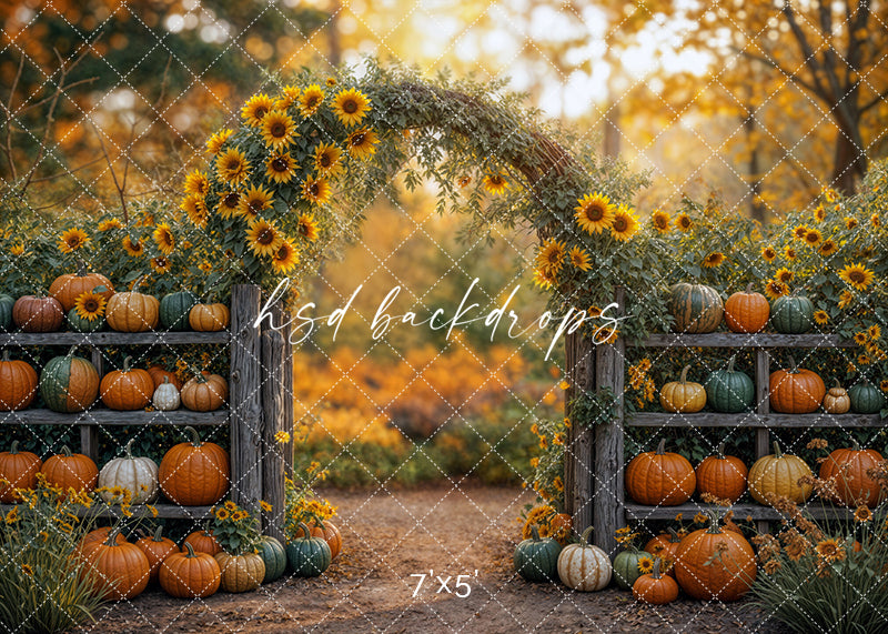 Pumpkin Patch Arbor backdrop with sunflower arch and stacked pumpkins for fall photography