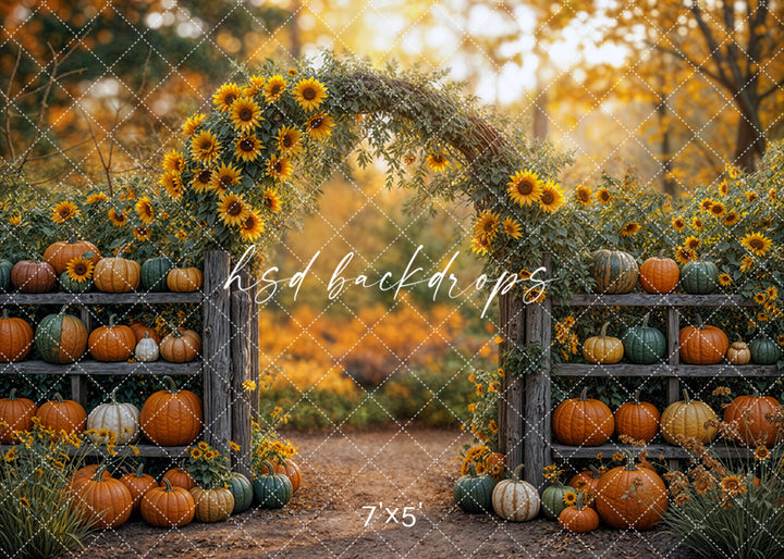 Pumpkin Patch Arbor backdrop with sunflower arch and stacked pumpkins for fall photography
