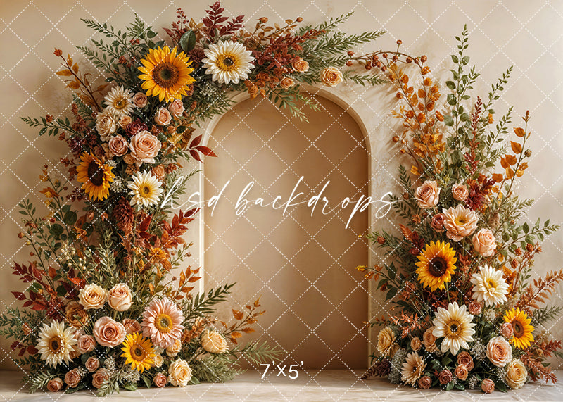 Sunflower Serenity backdrop with fall florals and soft arch design