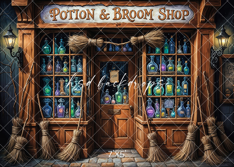 Broomstick Boutique Halloween witch shop backdrop with potions and brooms