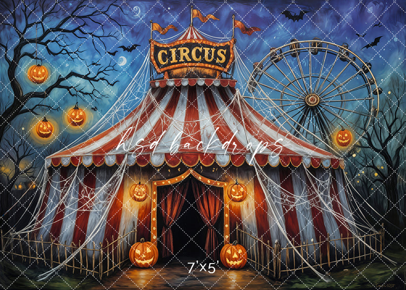 Alt Image Text:
The Spooktacular Circus backdrop with haunted tent, pumpkins, and Ferris wheel