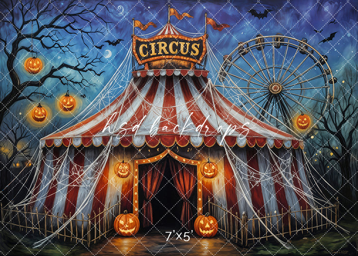 Alt Image Text:
The Spooktacular Circus backdrop with haunted tent, pumpkins, and Ferris wheel