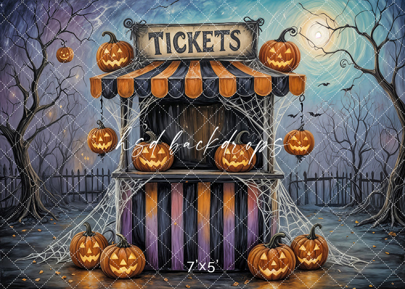 Fright Night Tickets Halloween carnival ticket booth with jack-o’-lanterns and cobwebs backdrop