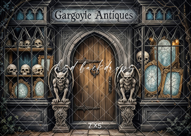 Gothic Halloween backdrop of antique shop with gargoyles and skulls