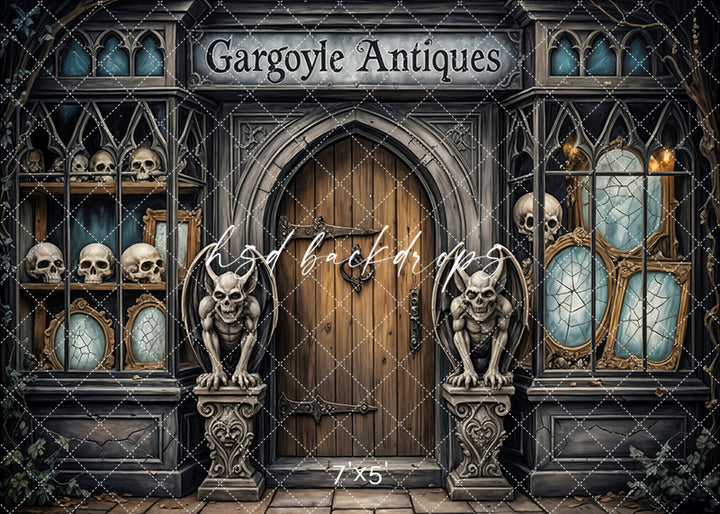 Gothic Halloween backdrop of antique shop with gargoyles and skulls