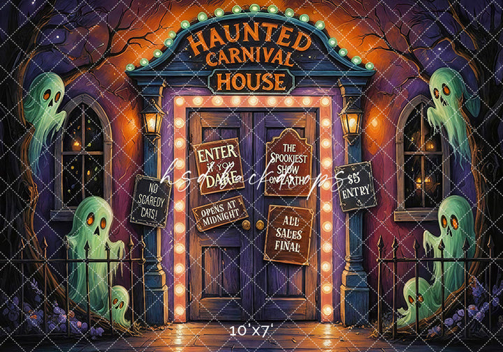 Haunted Carnival House – Halloween Ghost Entrance Backdrop