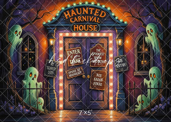 Haunted carnival house backdrop with glowing ghosts, spooky signs, and Halloween lights.