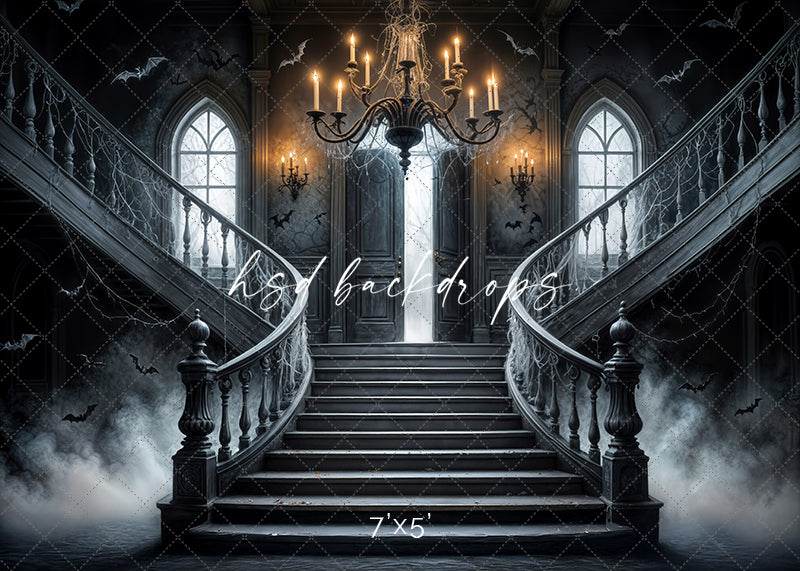 Gothic Halloween photography backdrop with haunted staircase, cobwebs, bats, fog, and candlelit chandelier in a spooky mansion setting.