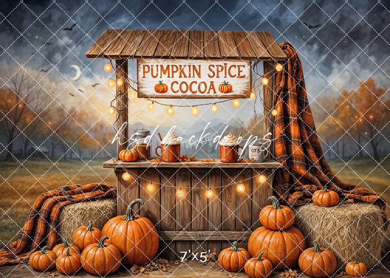 Pumpkin Spice Cocoa Stand photography backdrop with pumpkins, cocoa mugs, hay bales, and fall decorations for autumn photo sessions