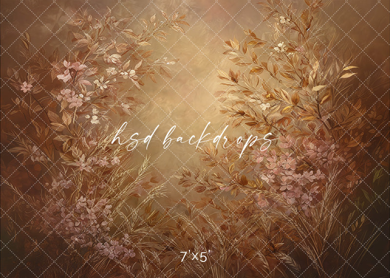 Hand-painted fine art fall backdrop with golden leaves and soft floral details in a warm, moody tone.