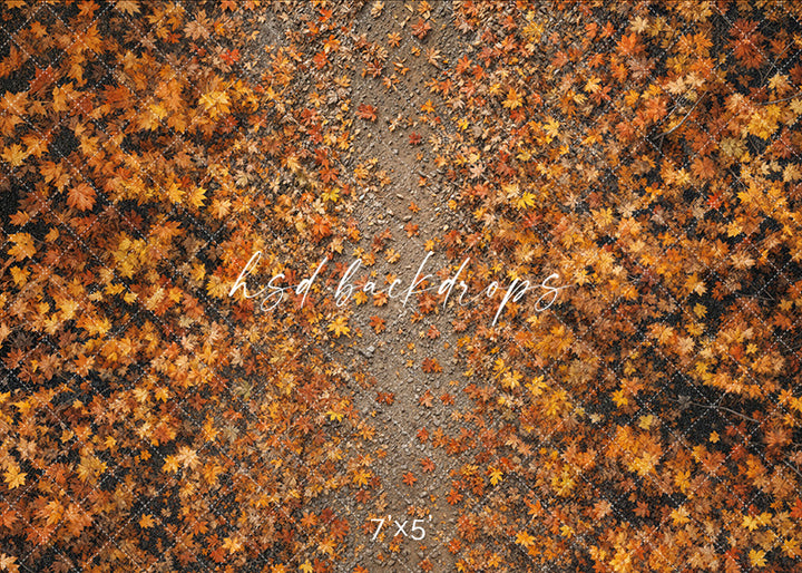 Realistic fall floor mat with autumn leaves and dirt trail for photography backdrops.
