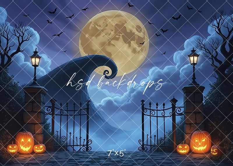 Halloween backdrop with full moon, spiral hill, iron gates, and pumpkins