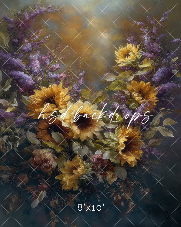 Lavender Harvest Sunflower Bloom fine art fall photography backdrop with sunflowers, lavender, and roses.