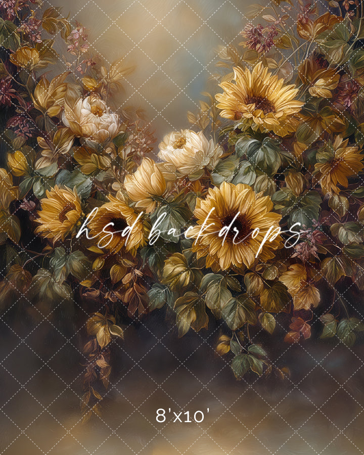 Golden Harvest Sunflower Garden fine art fall photography backdrop with sunflowers and autumn foliage.