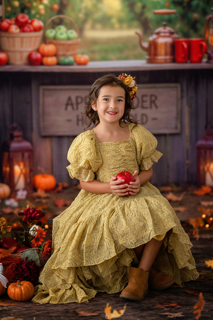 Cozy harvest apple cider photography backdrop with rustic cider stand, apples, pumpkins, lanterns, plaid accents, falling leaves, and warm fall studio styling.