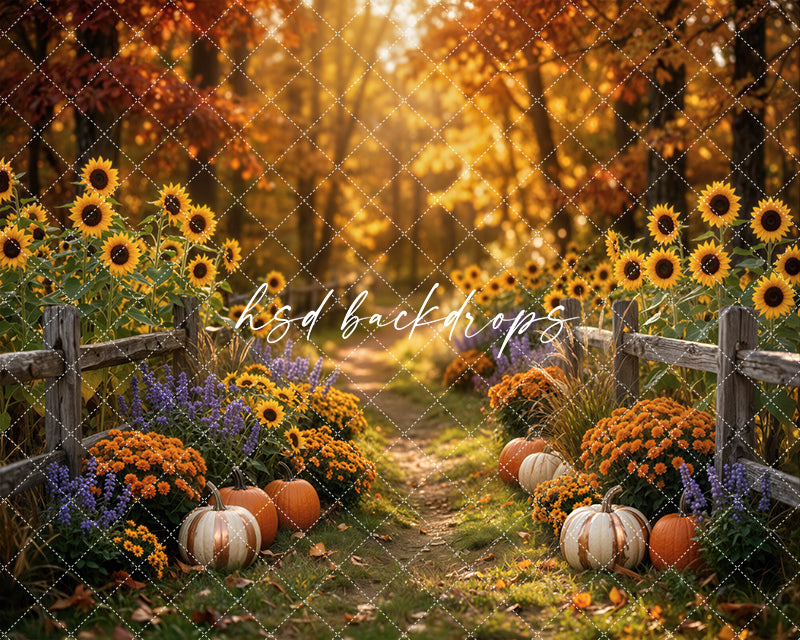 Autumn Sunflower Trail Photography Backdrop – Cozy Pumpkin Garden Scene | HSD Backdrops