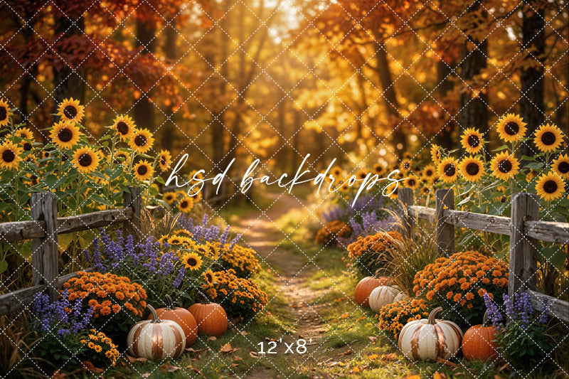 Autumn Sunflower Trail Photography Backdrop – Cozy Pumpkin Garden Scene | HSD Backdrops