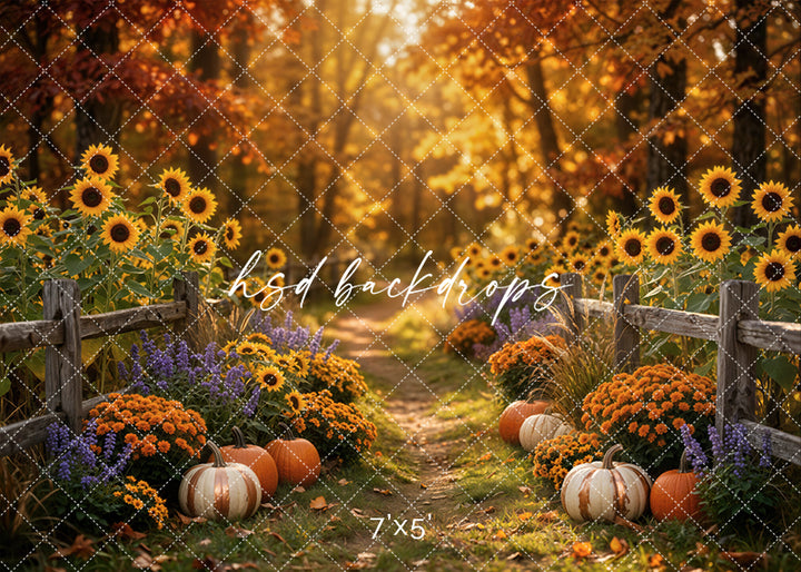 Autumn Sunflower Trail photography backdrop with golden fall pathway, tall sunflowers, rustic split-rail fencing, pumpkins, orange mums, purple wildflowers, ornamental grasses, and warm autumn light.