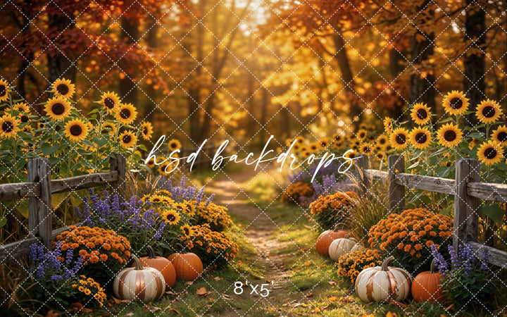 Autumn Sunflower Trail Photography Backdrop – Cozy Pumpkin Garden Scene | HSD Backdrops