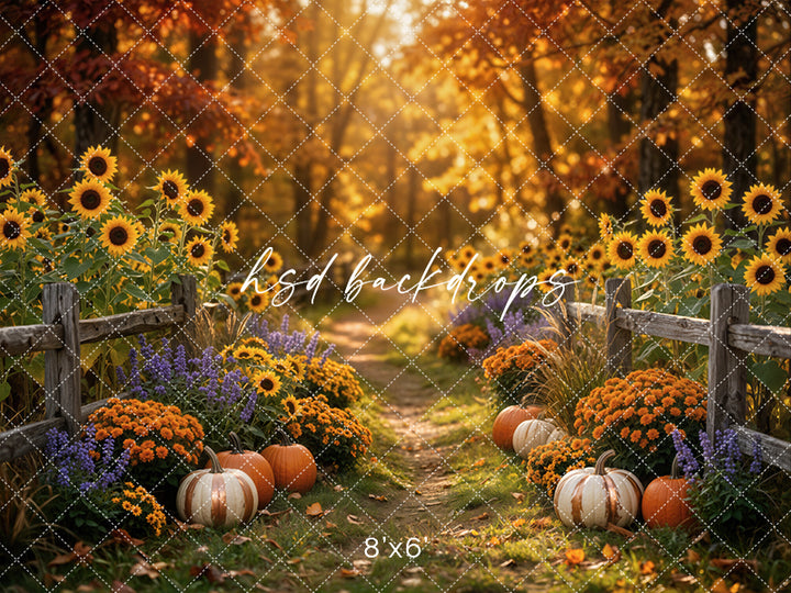 Autumn Sunflower Trail Photography Backdrop – Cozy Pumpkin Garden Scene | HSD Backdrops