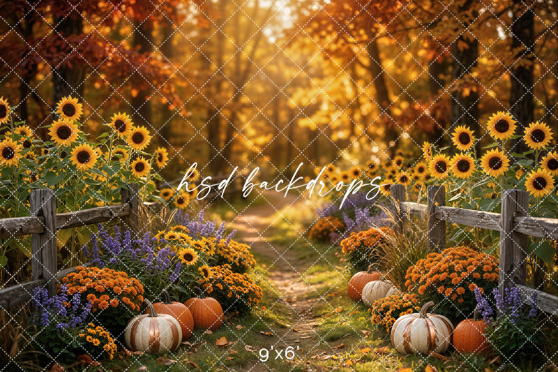 Autumn Sunflower Trail Photography Backdrop – Cozy Pumpkin Garden Scene | HSD Backdrops