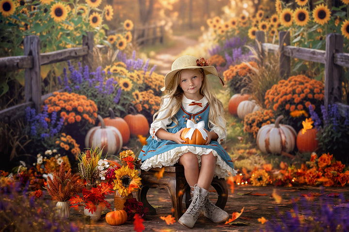 Autumn sunflower pumpkin path photography backdrop with golden sunflowers, rustic fence, pumpkins, fall flowers, warm autumn leaves, and cozy harvest portrait styling.