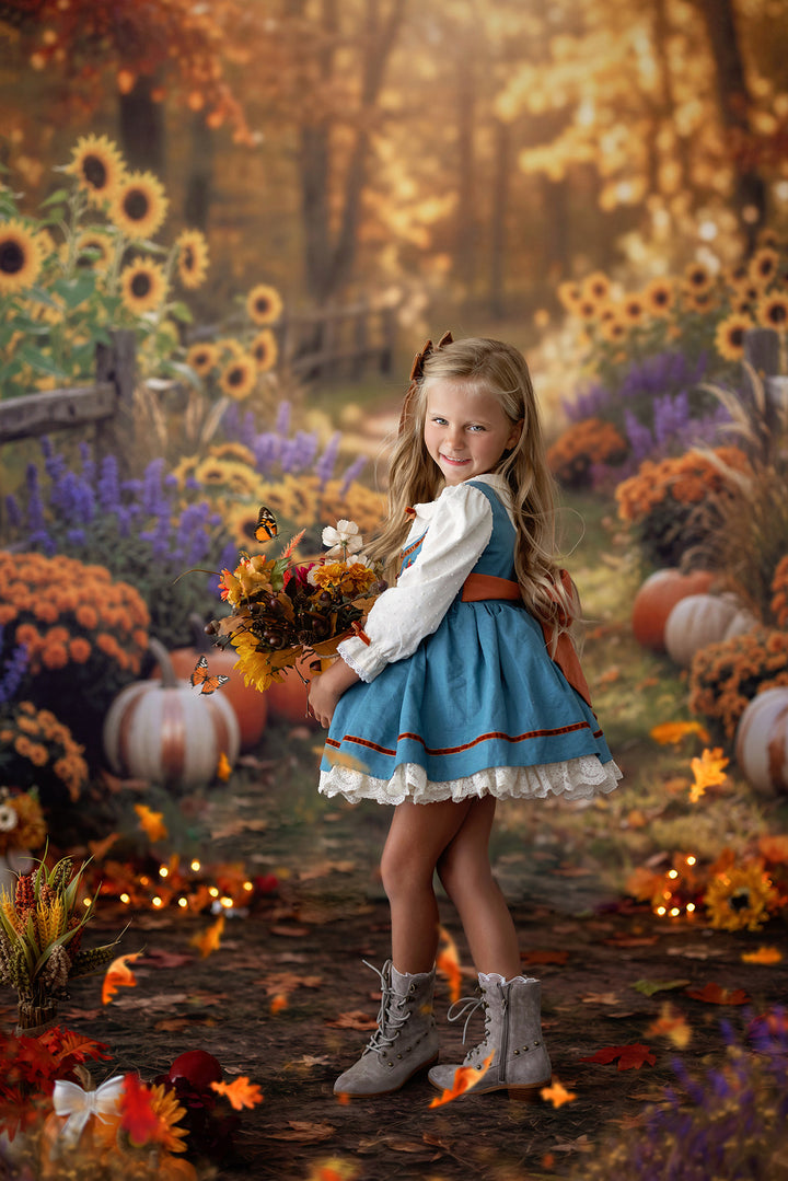 Fall sunflower pumpkin mini session backdrop with golden sunflowers, pumpkins, autumn leaves, rustic fence, warm lighting, and cozy seasonal portrait styling.