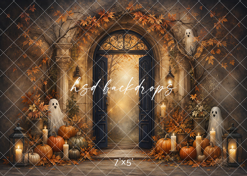 Pumpkin Ghost Garden photography backdrop with candlelit stone archway, friendly ghosts, pumpkins, autumn leaves, lanterns, warm golden light, and cozy Halloween studio styling.