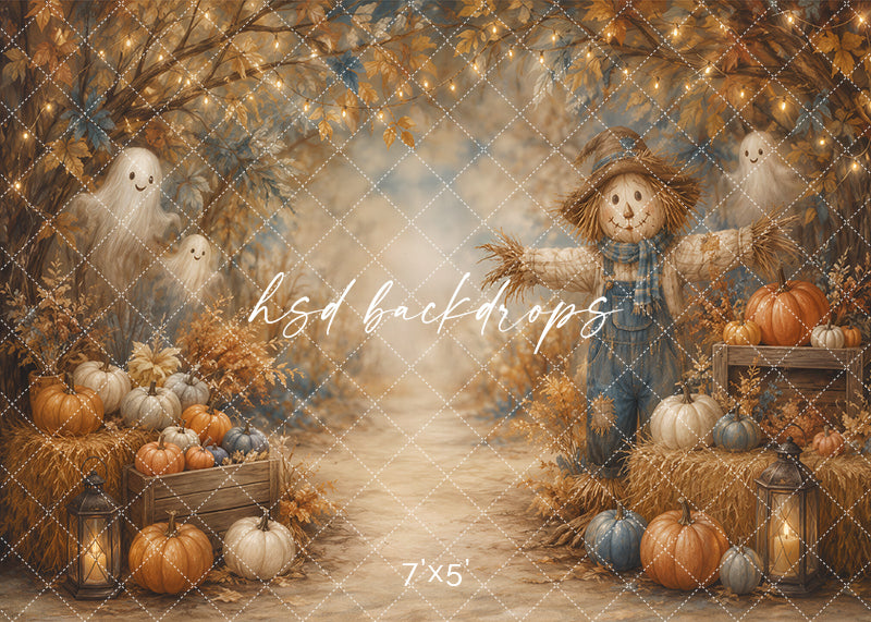 Harvest Scarecrow Path photography backdrop with friendly ghosts, whimsical scarecrow, pumpkins, hay bales, glowing lanterns, twinkle lights, autumn leaves, and cozy fall Halloween styling.