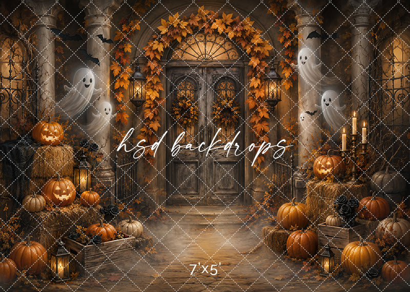 Candlelit Ghost Garden photography backdrop with aged garden doorway, friendly ghosts, carved pumpkins, hay bales, glowing lanterns, black bats, autumn leaves, and cozy Halloween styling.