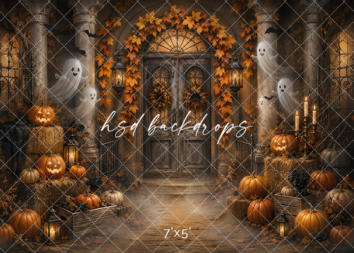 Candlelit Ghost Garden photography backdrop with aged garden doorway, friendly ghosts, carved pumpkins, hay bales, glowing lanterns, black bats, autumn leaves, and cozy Halloween styling.