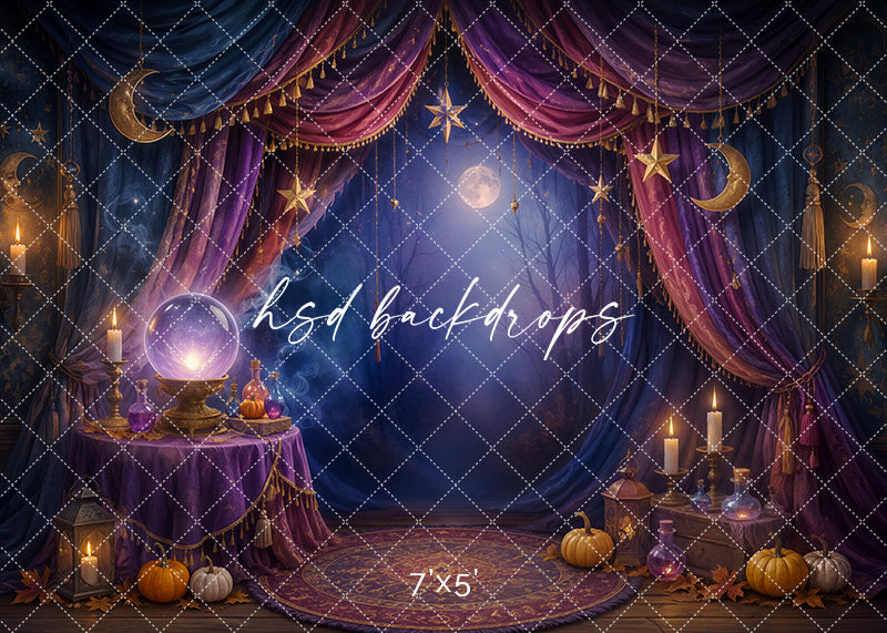Mystic Fortune Teller photography backdrop with purple and blue drapery, celestial moons and stars, glowing candles, crystal ball, potion bottles, pumpkins, and enchanted Halloween décor.